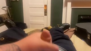 Teen jerks off and cumshot in sock.