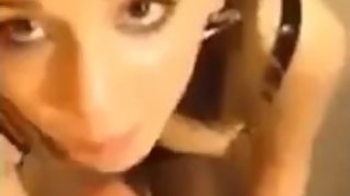 Cute face teen in lingerie and stockings BJ on knees