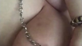 Teen slaps tits hard with nipple clamps on